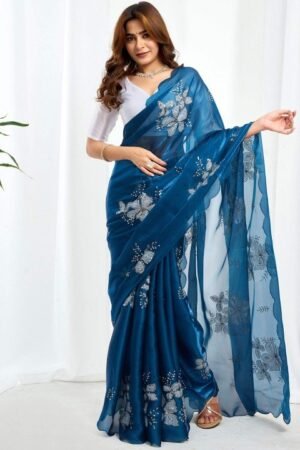 Floral Embroidered Pure Chiffon Saree