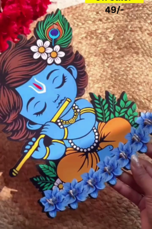Decorative Wall Hanging Key Holder with Baby Krishna Design – Beautiful Blue Floral Accents and Peacock Feather Motif