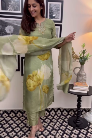 Light Olive Green Floral Printed Suit Set with Intricate Neck Embroidery, Pearl Detailing on Sleeves, Matching Dupatta, and Tapered Pants – A Perfect Blend of Subtle Glamour and Everyday Grace