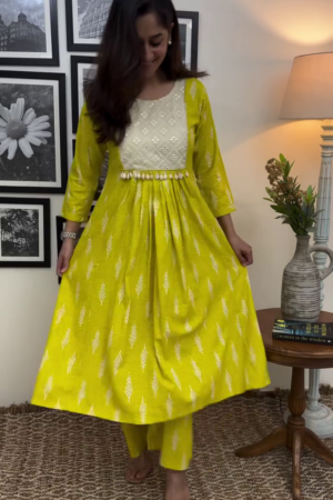 Lime Green Ethnic Kurta Set with Embroidered Mirror Work Yoke, Shell Detailing, and Printed Flared Silhouette for Festive and Casual Wear