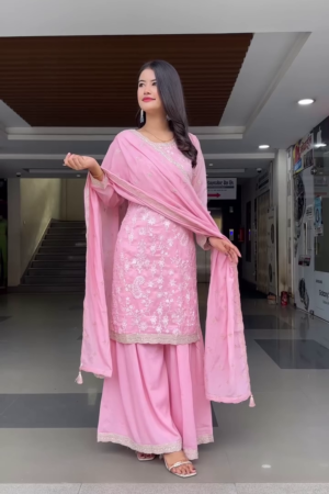 Light Pink Embroidered Straight Kurta with Palazzo and Matching Dupatta Set – Traditional Ethnic Wear for Women – Soft Georgette Fabric with Delicate Thread Work and Sequin Detailing – Perfect for Festive, Party, or Casual Occasions