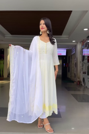 White and Yellow Embroidered Anarkali Suit with Sheer Dupatta and 3/4th Sleeves – Traditional Festive and Party Wear for Women