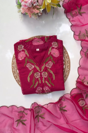 Deep Pink Georgette Kurti Set with Intricate Multicolor Floral Thread Embroidery, Scalloped Sheer Dupatta, and V-Neck Design – Ideal for Festive, Ethnic, and Semi-Formal Occasions
