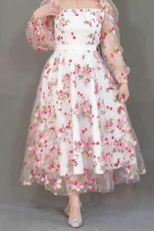 White Fit and Flare Midi Dress with Sheer Floral Embroidered Organza Overlay, Puffy Long Sleeves, and Delicate Pink and Green Blossom Detailing – Perfect for Brunch, Parties, and Daytime Celebrations